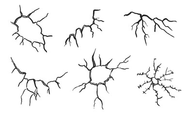 Cracked glass. Surface with vector crack and hole illustration. Sketch shattered or crushed cracked glass effect. Impact or shot fracture mark. Hand-drawn art sketch isolated icon on white background