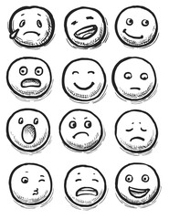 Hand-drawn emoticon. Modern outline style emoji face showing different expression and feeling vector doodle icon set on white. Simple hand-drawn comic emoticon pictogram illustration. Mood sketching