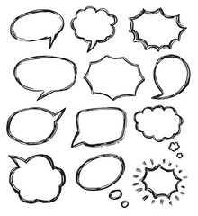 Talk bubble sketch. Retro empty dialog box, chat cloud and balloon icon set. Think and talk speech bubble collection sketch drawing vector illustration. Isolated hand drawn doodle border for text