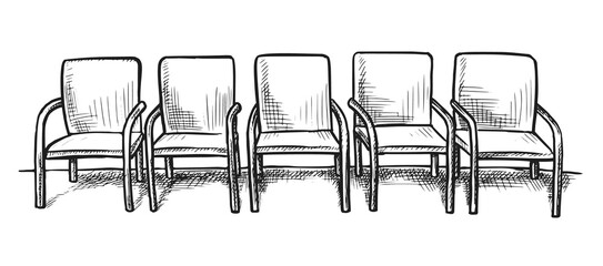 Waiting room sketch. Hand drawn empty chair seat row on white background. Business office or hospital hallway or waiting room doodle interior design. Vector furniture for visitor illustration