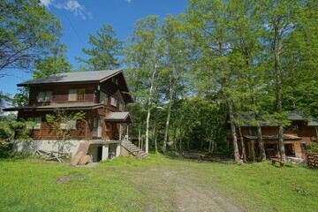 A wooden house in forest in Spring, Summer in countryside of Japan