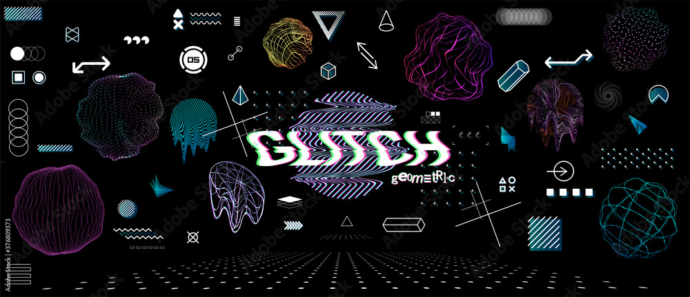 Poster digital glitch universal modern shapes and spheres. modern universal elements vaporwave, memphis and