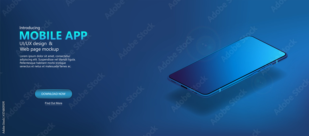 Poster detailed mockup cellphone in isometric position on dark blue surface for presentation. 3d realistic 