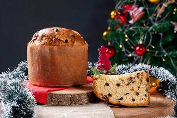 .Panettone. Typical fruit cake served at Christmas. Copy space. Selective focus