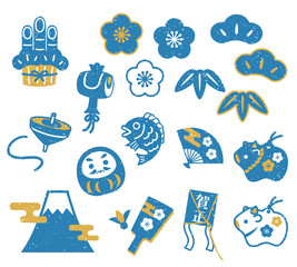 お正月の判子・スタンプ風アイコンセット　年賀状素材　青