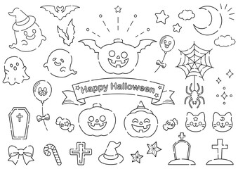 ハロウィン 線画の可愛い素材集 モノクロ モノトーン 線画