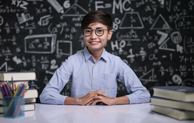 The teacher sat at the table to teach the students in the classroom