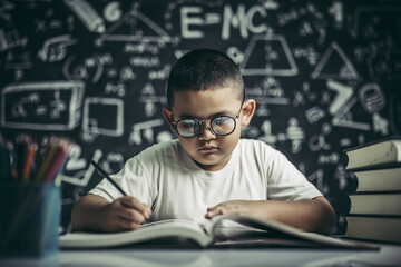 A boy with glasses man writing in the classroom