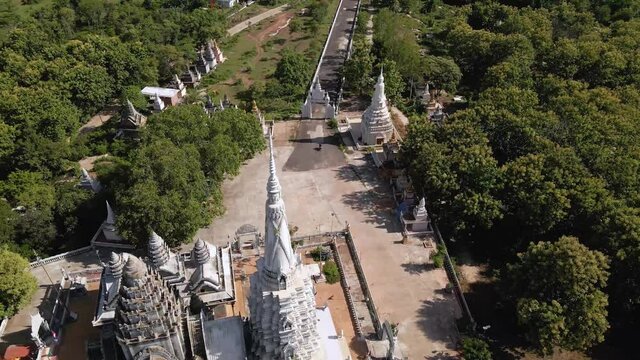 Fly over Buddhist temple Phnom Pros in Kampong Cham, Cambodia lush countryside
