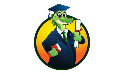 Alligator Graduation Logo Cartoon Mascot in Round Emblem