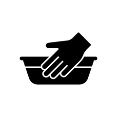Delicate laundry emblem, silhouette handwash icon. Outline hand and washbowl with water. Black simple illustration of mode of washing machine. Flat isolated vector pictogram on white background