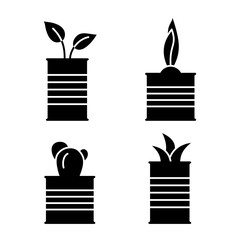 Silhouette flower in corrugated metal cylindrical container. Set of cartoon plants in tin cans. Outline growing spring sprouts in jar. Home garden black simple illustration. Flat isolated vector icon