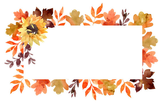 Fall watercolor frame with leaves, branches and sunflower