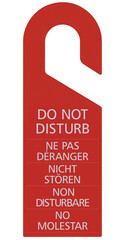 Red Do Not Disturb Door Handle Cardboard Tag Vertical Isolated Hanger Sign Macro Closeup, English, French, German, Italian, Spanish Text Large Detailed EN, FR, DE, IT, ES Warning Request Label Concept