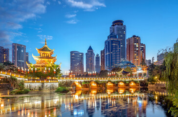 Obraz premium Guiyang, China skyline at Jiaxiu Pavilion on the Nanming River.