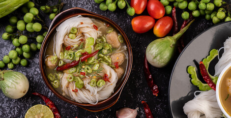 Rice noodle and coconut milk solution.