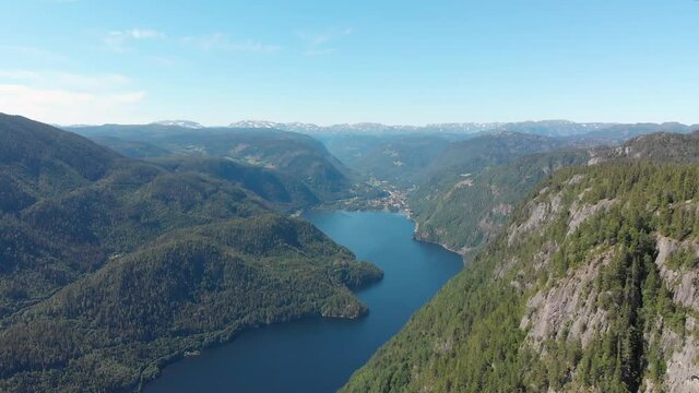 Aerial: Beautiful Bandak Lake In Norway Summer, Dalen Village In Background