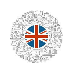 Sea port concept. Freight vessels or ships icons. Maritime transportation. Brochure, report or cover design template. Flag of United Kingdom in the center of circle frame with thin line icons.