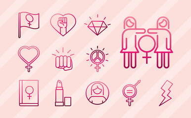 feminism movement icon, power female rights pictogram line icons set