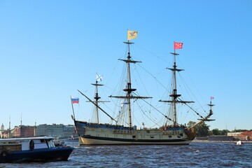 Sailing frigate on the roadstead of the Neva River