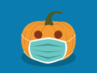 Halloween pumpkin in anti-virus mask. Halloween day