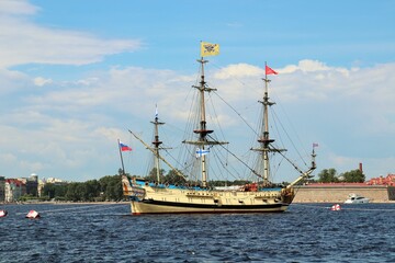 Sailing frigate on the roadstead of the Neva River