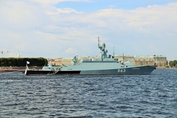  military ship corvette on the roadstead of the Neva river