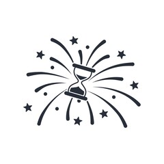 Clock and fireworks. Holiday time. Vector icon isolated on white background.
