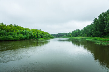Fototapeta premium Calm river with trees on the shores in rainy summer day. Summer landscape.