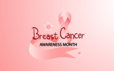 Banner Template for Breast cancer awareness month with Realistic pink ribbon on white pink gradient background. Symbol of world breast cancer awareness month in october. Vector illustration. 