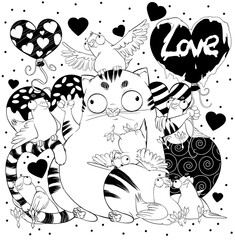 Funny fat cat character with enamored doves with hearts and the inscription love in a balloon. Valentine's Day card. 
Cartoon illustration.