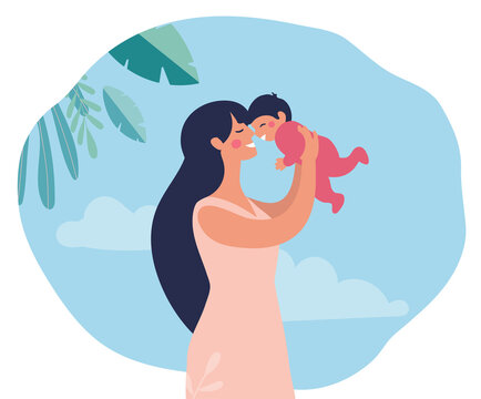 Happy mom holds the baby in her arms on a natural background. A woman plays with her daughter or son. Flat cartoon vector illustration isolated on white background