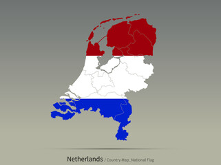 Netherlands flag and map. European countries flag isolated on map.