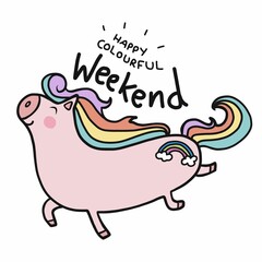 Pink Unicorn happy colourful weekend cartoon vector illustration doodle style
