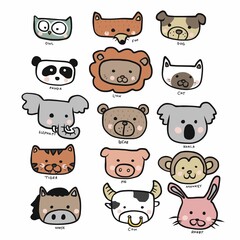 Animal face set doodle style cartoon vector illustration