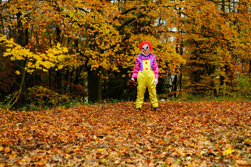 Halloween.Halloween masquerade party.A scary clown with red hair and a sinister mask throws autumn...