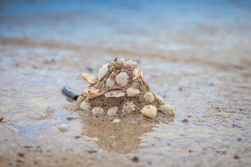 Blurred abstract background of seaside atmosphere, rocks, sand and sea waves that sink into the coast, ecological beauty.