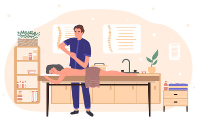 Massage therapist gives a massage to a young woman lying on the couch face down. Flat vector illustration