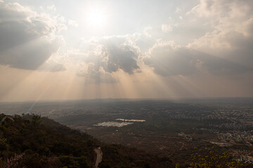 The view over Mysore from the Chamundi Hills lookout point, showing the city.