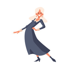 Cute cheerful woman cartoon character dancing flat vector illustration isolated.