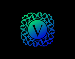 Obraz premium Uniwue V Letter Calligraphic Logo. Luxury V Swirl Logo Icon perfect for salon, yoga, restaurant, boutique and letter stamp.