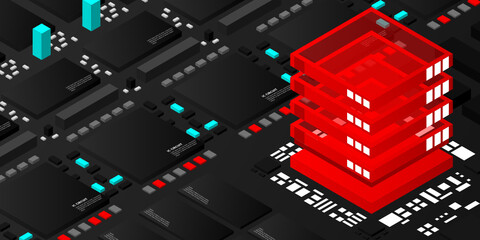High tech electronic PCB Printed circuit board with processor, microchips and glowing digital electronic signals. The processor on the integrated circuit. Energy lines neon. 3d illustration
