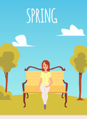 Obraz na płótnie Canvas Spring banner or poster design with woman in park flat vector illustration.