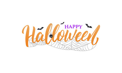 Happy Halloween lettering concept. Holiday calligraphy for Halloween with spider web and bats