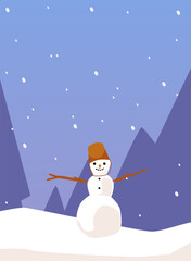Winter card or banner layout with snowman in landscape flat vector illustration.