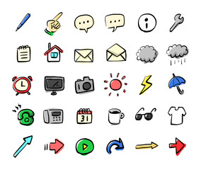 筆記用具,指差し,セリフ,メモ,家,電話,カメラ,PC等のフリーハンドイラスト