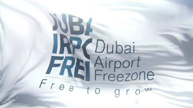 Dubai airport freezone flag close up slow motion loop