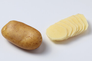 Young potato isolated on white background. Harvest new. Flat lay, top view