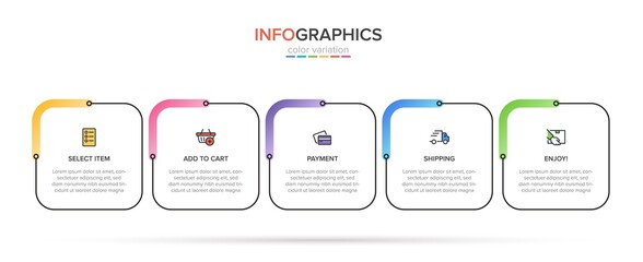 Concept of shopping process with 5 successive steps. Five colorful graphic elements. Timeline design for brochure, presentation, web site. Infographic design layout.