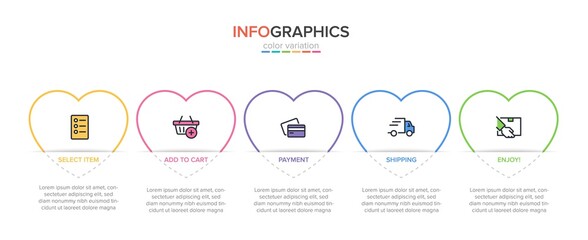 Concept of shopping process with 5 successive steps. Five colorful graphic elements. Timeline design for brochure, presentation, web site. Infographic design layout.